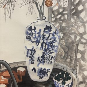 Quiet Moments — A Blue-and-White Vase Still Life on Silk